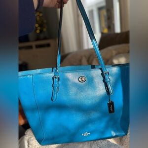 Coach Peacock Blue Turnlock Tote Leather Bag